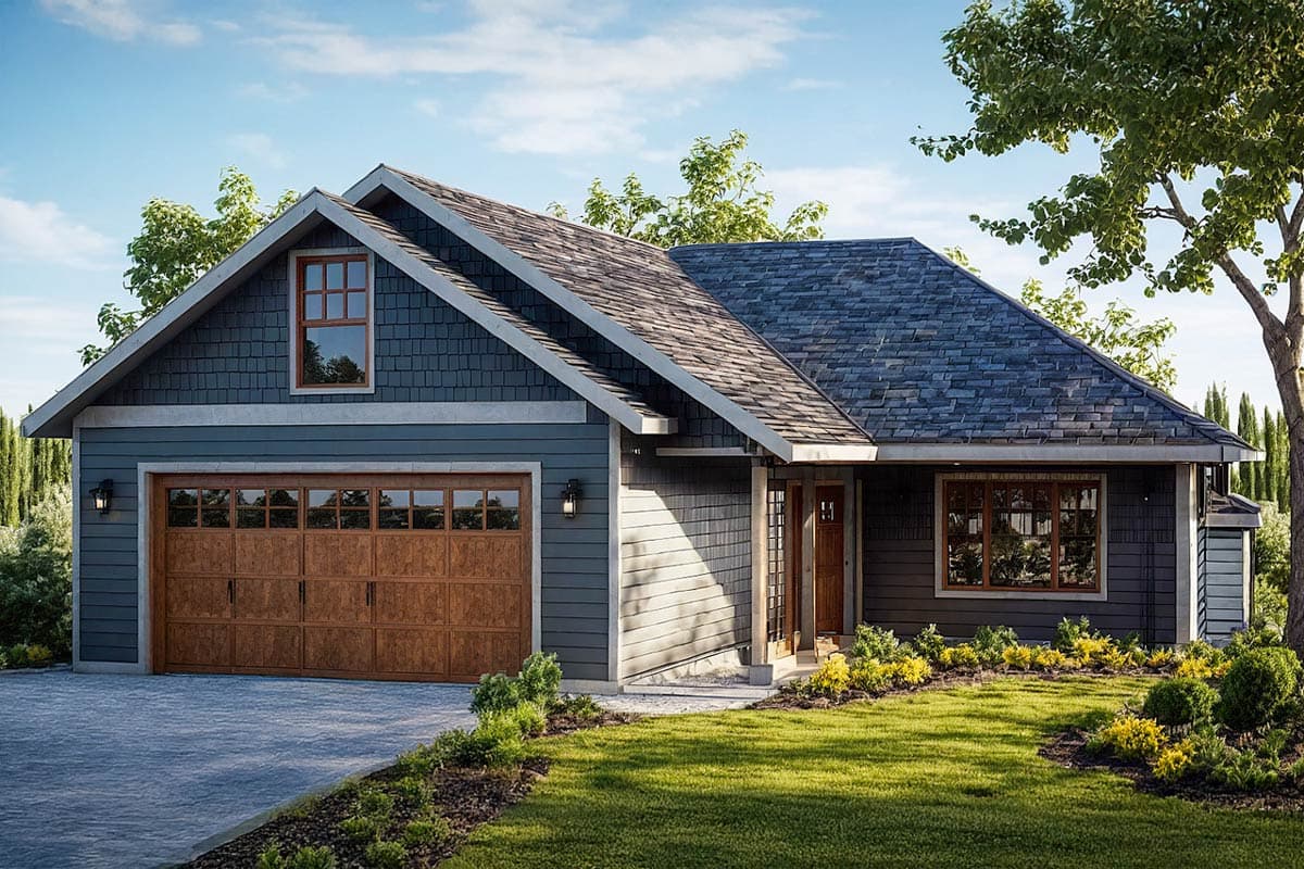 House plan exterior: one-story home with a gabled dormer, attached garage, and covered entry.
