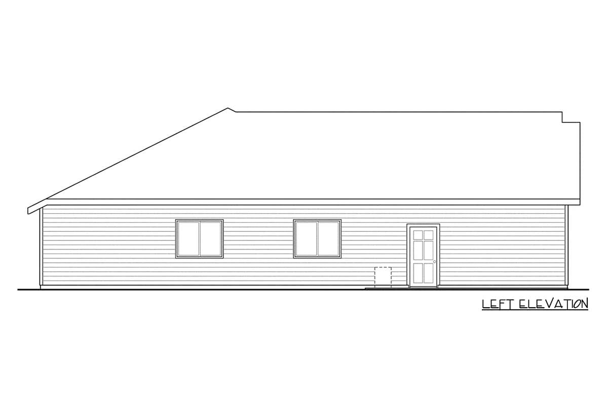Left elevation drawing of a single-story house plan with horizontal siding, two windows, and a front door.