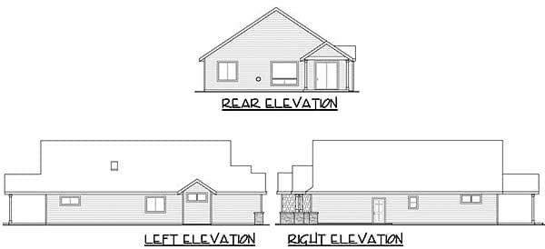 House plan showing front, left, right, and rear elevations with gabled roof, porch, and varied window placements.