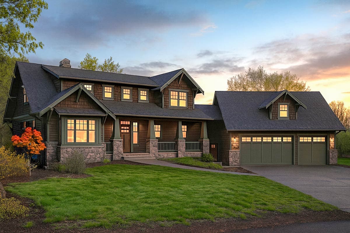 Craftsman house plan exterior with a covered porch, stone accents, multiple gables, and a three-car garage.