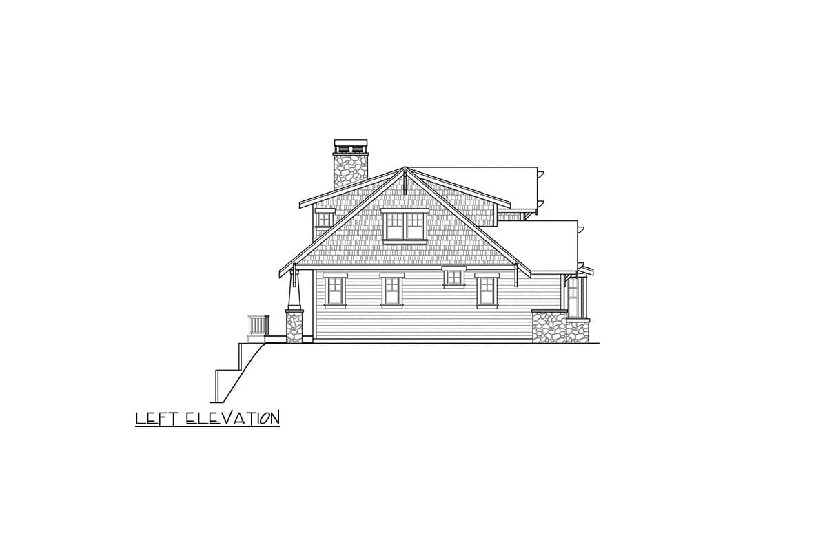 Left elevation of a two-story house plan featuring a prominent stone chimney, multiple gables, and covered porches.