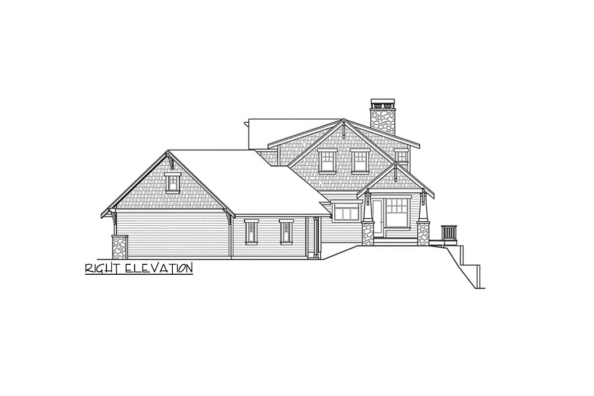 Right elevation house plan with stone chimney, dormers, covered entry porch supported by stone-clad columns, and a sloped lot with stairs.