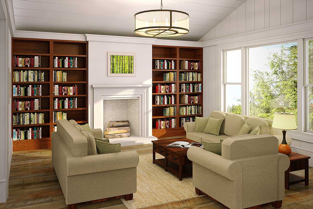 Interior rendering of a living room with built-in bookshelves, fireplace, and large windows.