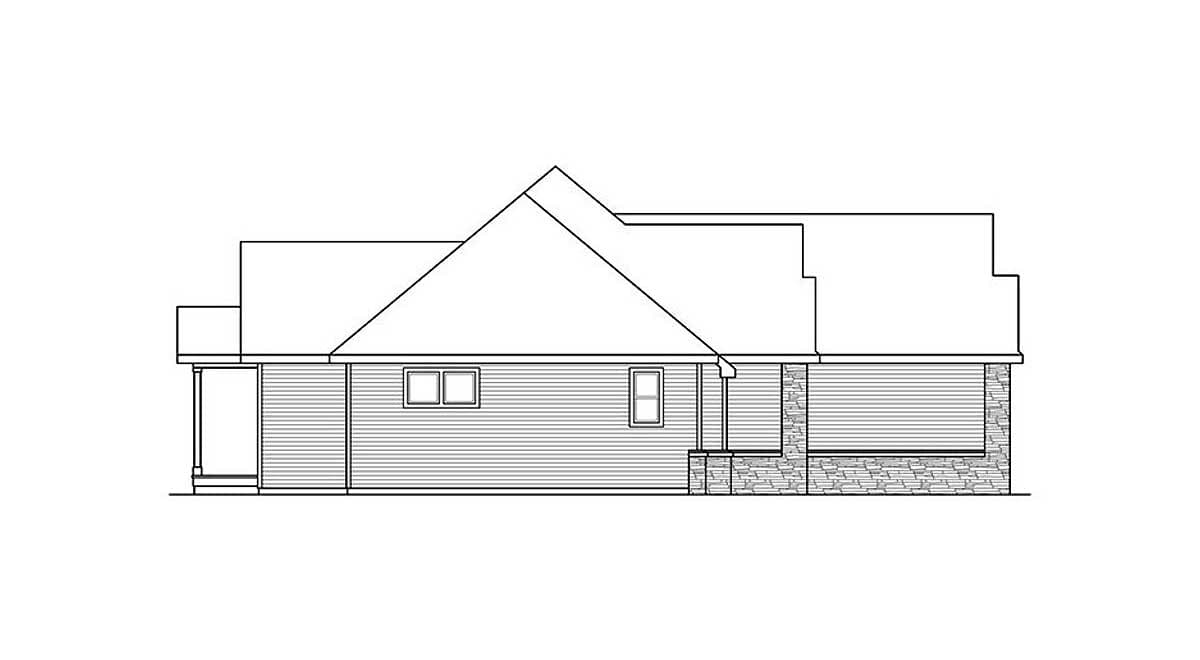 House plan exterior drawing of a one-story home with gabled rooflines, a front-facing porch, and stone accents.