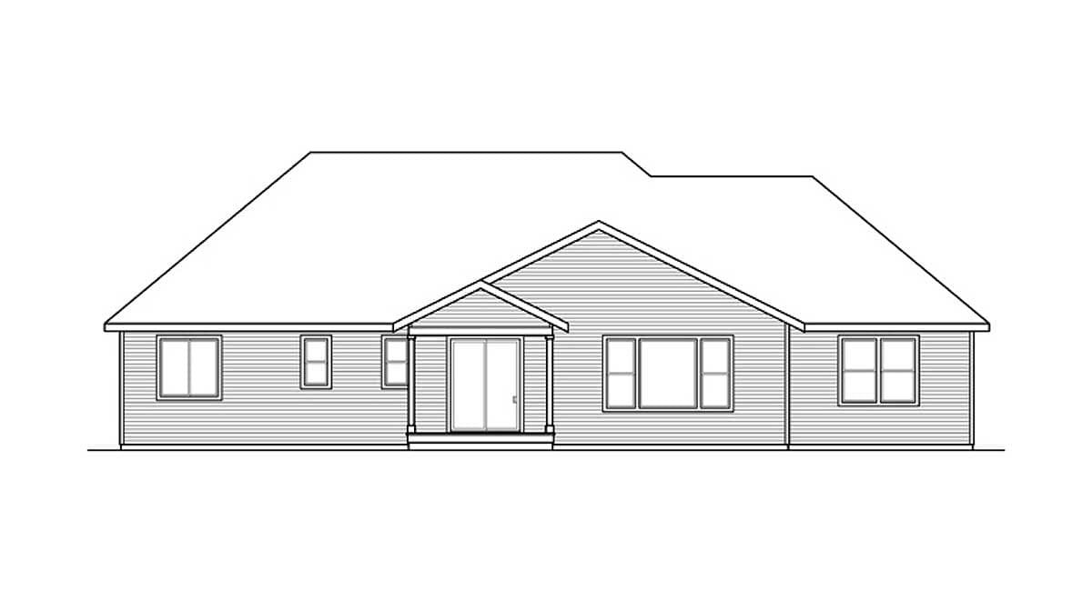 House plan exterior, single-story Ranch style, with a covered entryway, multiple windows, and a hip roofline.