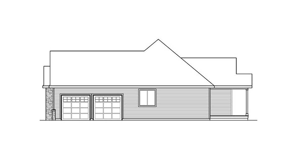 House plan exterior: Side view with two-car garage, horizontal siding, a single window, and a covered porch with columns.