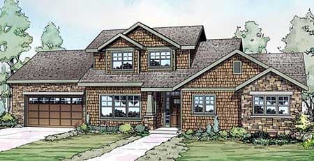 Craftsman style house plan exterior with a two-car garage, shingle siding, multiple gables, and prominent dormers.