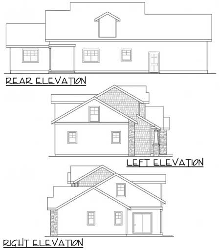 Rear, left, and right elevations for a two-story house plan featuring a dormer, multiple gables, and stone accents.