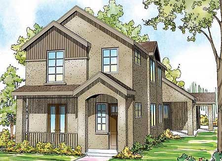 House plan exterior: two-story dwelling with gabled dormer, covered porch, and attached carport.