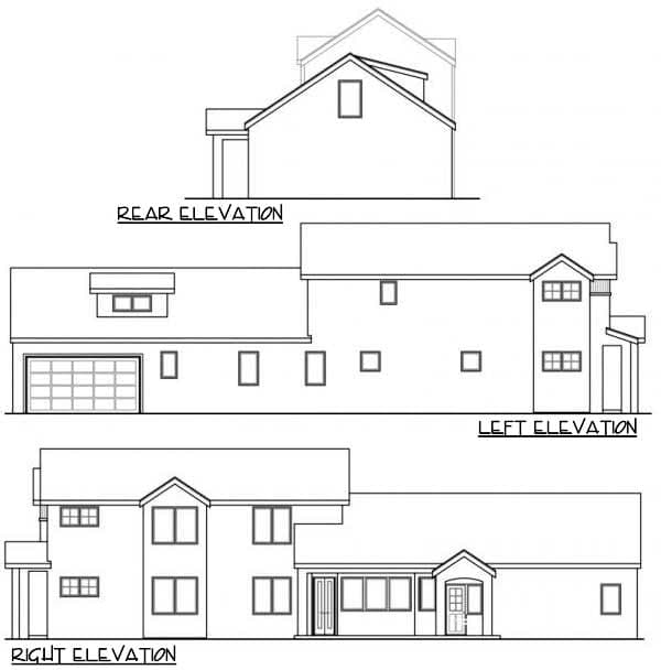 House plan rear elevation, left elevation, and right elevation showing garage, dormer, and covered entry.