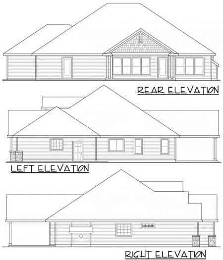 Rear, left, and right elevations for a single-story house plan with gabled rooflines, dormers, and covered porches.