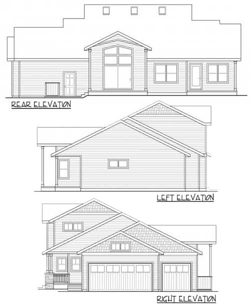 Rear, left, and right elevations of a two-story house plan with a prominent gable and multi-car garage.