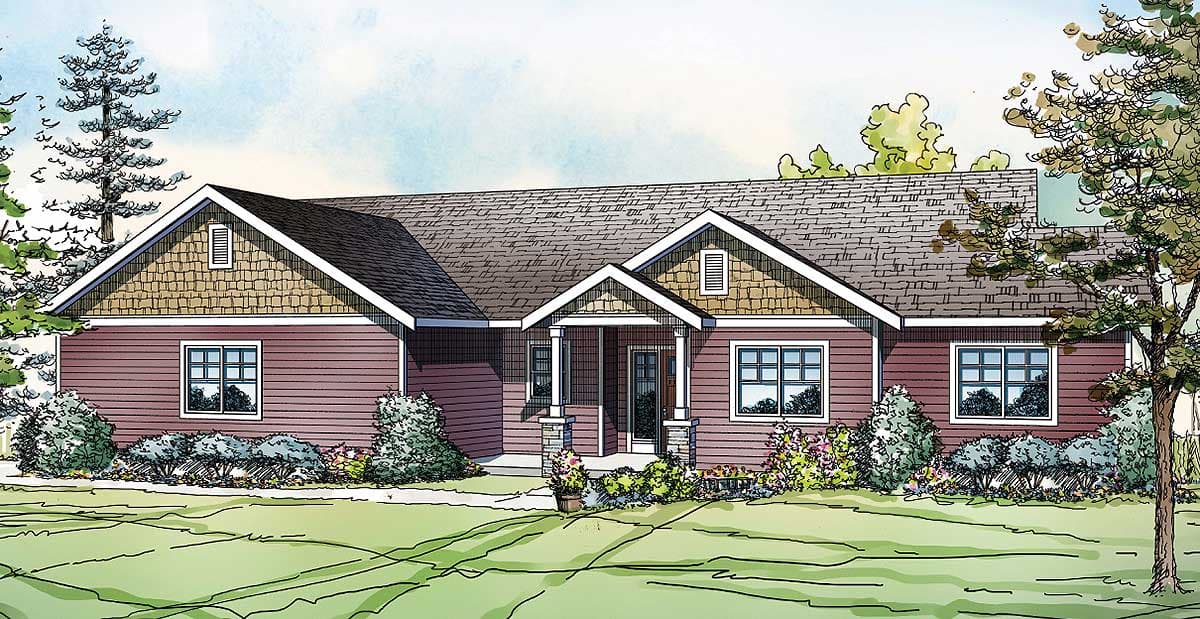 House plan exterior of a one-story home with a prominent gable, covered entry with columns, and double-hung windows.