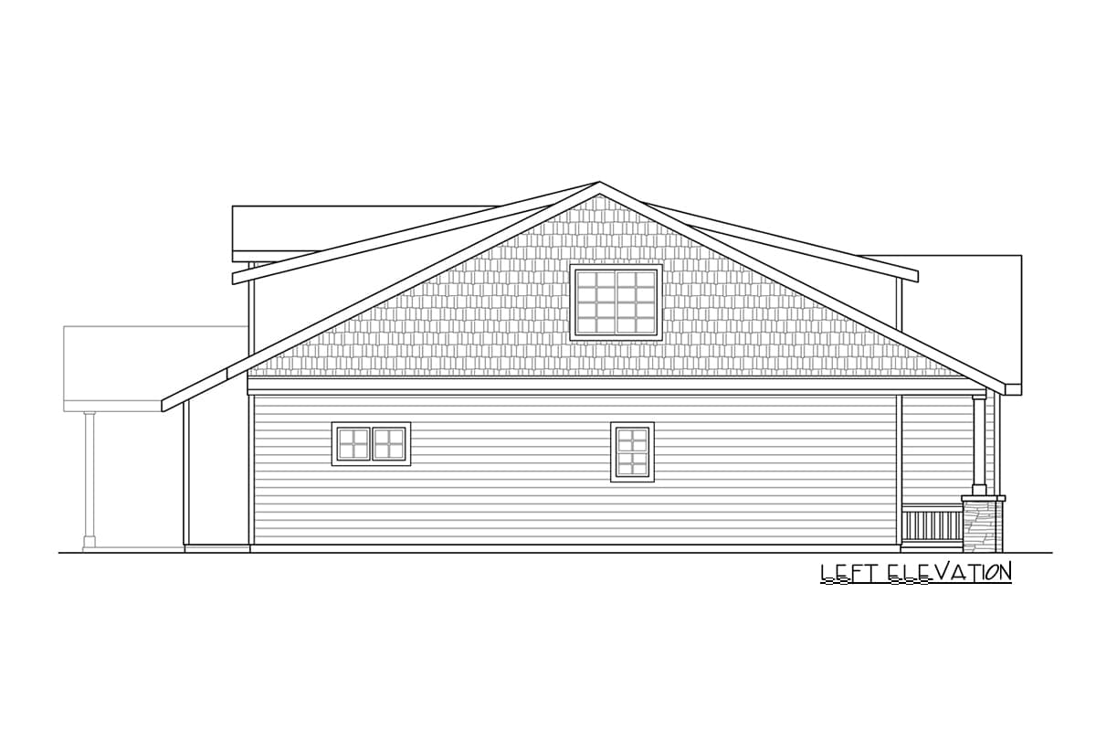 House plan left elevation shows a two-story home with gables, dormer window, siding, and a covered porch.