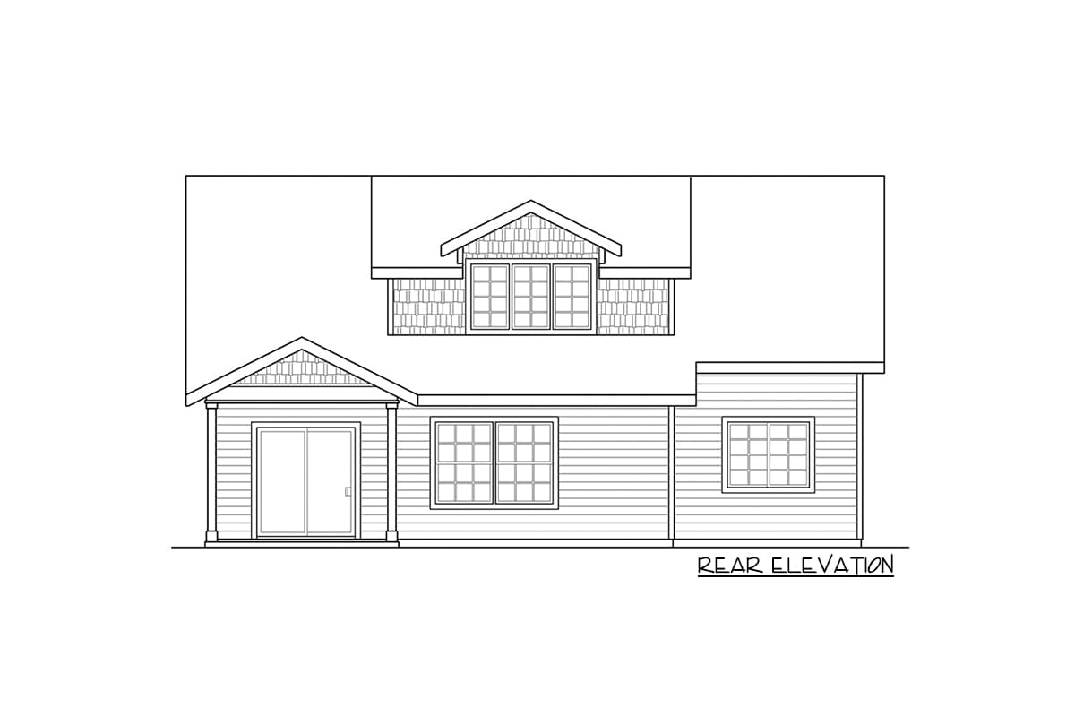 Rear elevation drawing of a house plan featuring a prominent gable dormer, covered entrance with sliding doors, and multiple windows.