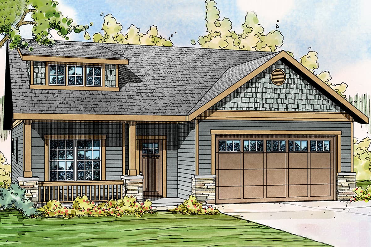 Craftsman house plan exterior with dormer, gabled roof, covered porch, and two-car garage.