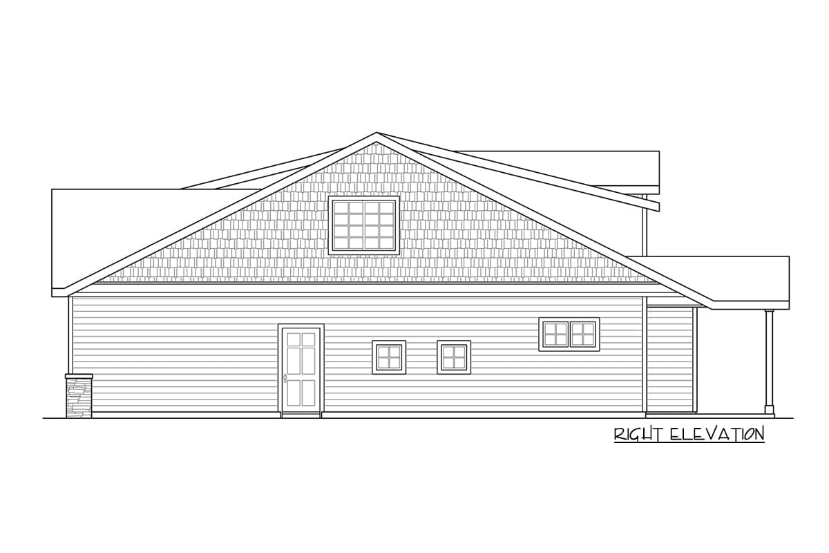 House plan right elevation showing a multi-story structure with a prominent gable, shingle siding, and several windows.