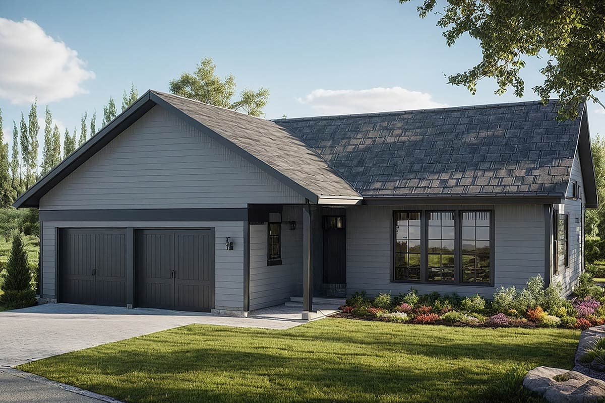 Modern house plan exterior with two-car garage, gabled roof, and dark-framed windows.