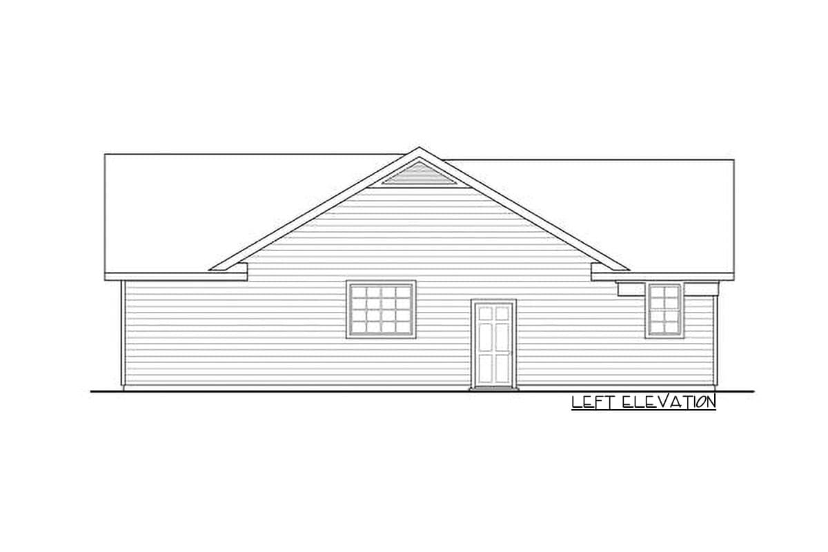 Left elevation drawing of a house plan with horizontal siding, a gable vent, and a central door.