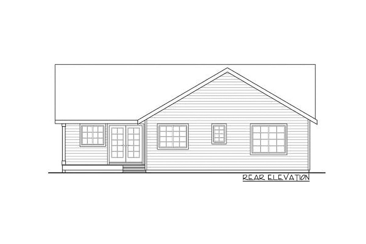 Rear elevation drawing of a one-story house with double doors and three windows.