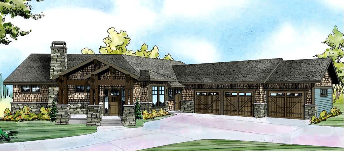 House plan exterior featuring Craftsman style, a single story, stone chimney, covered porch, and a side-entry garage.