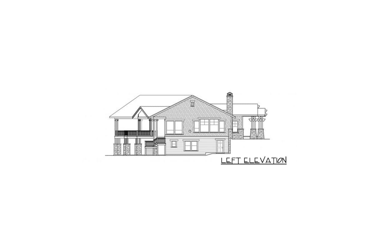 Left elevation house plan with covered porch, stone-clad columns, multiple gables, and chimney.