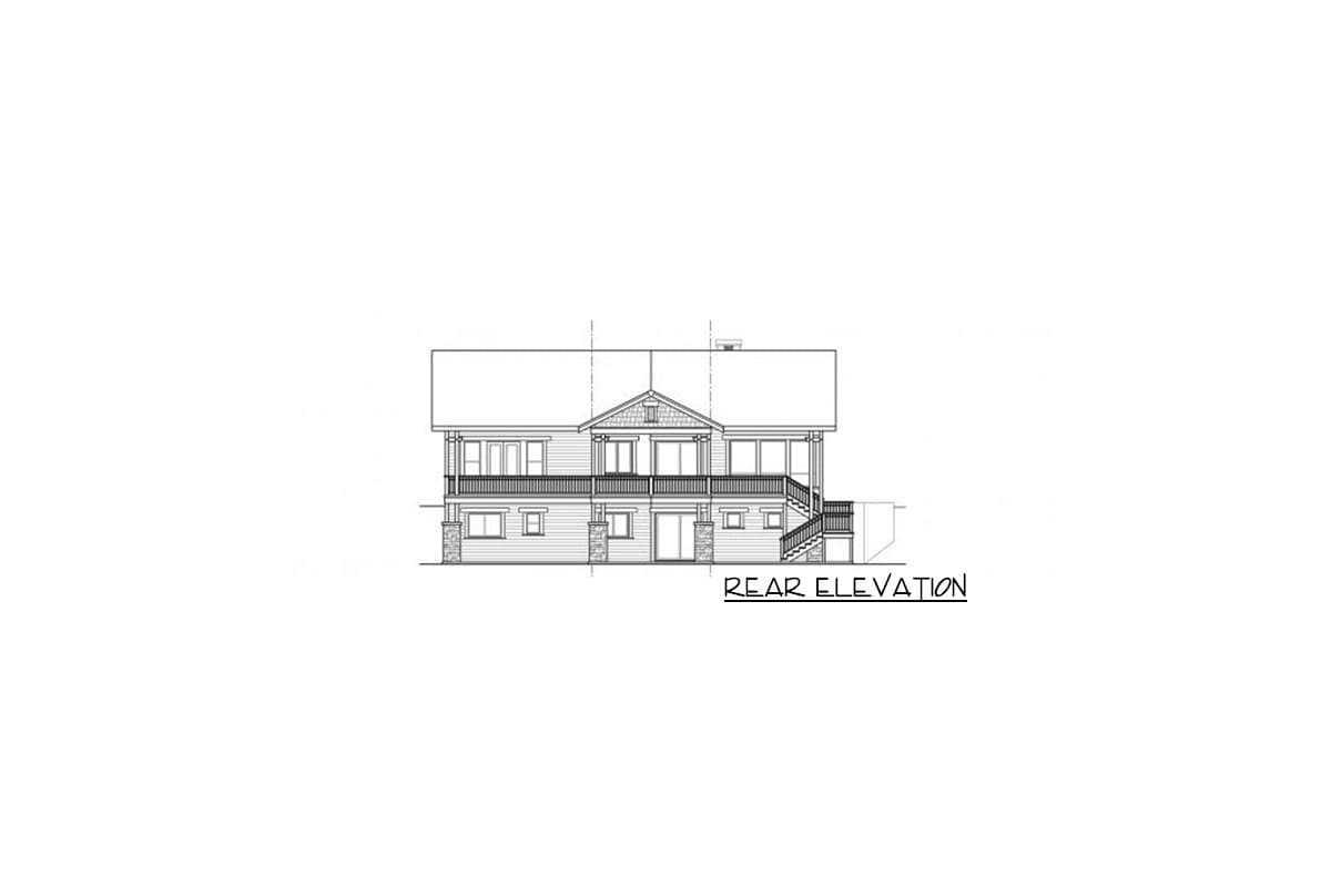 Rear elevation drawing of a house plan featuring a two-story structure with a covered deck, gables, and stone accents.