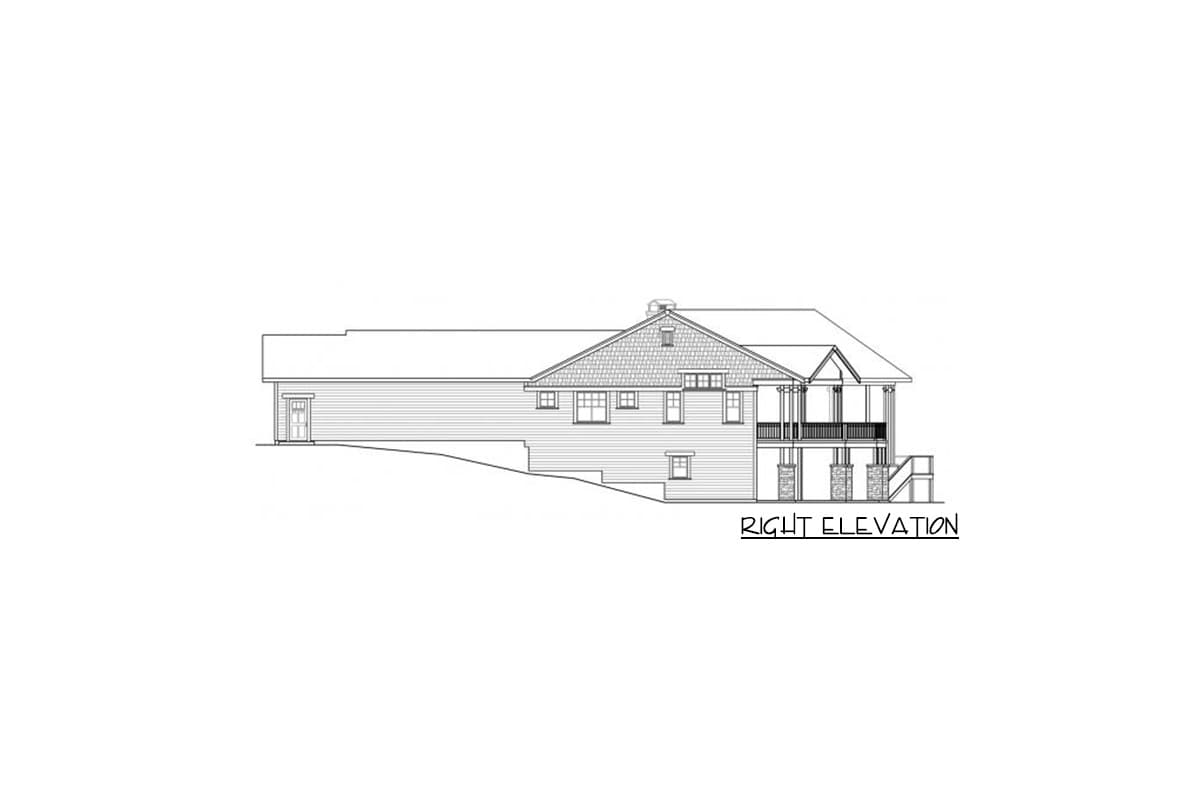 Right elevation drawing of a multi-story house plan with covered porch, dormers, and gables.