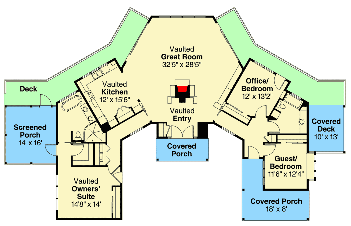 Plan 72721DA: Vacation Home Plan with Unusual Shape - Floor Plan - Main Level - Mountain, Vacation
