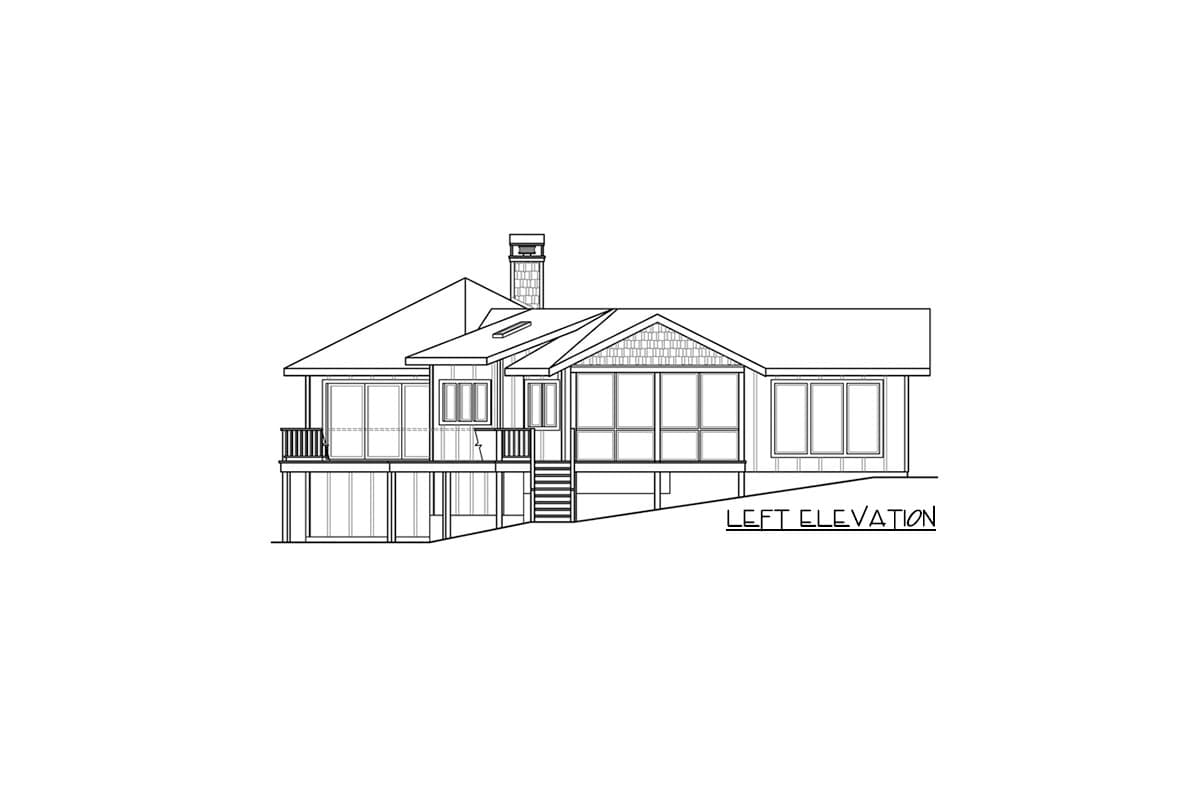 Left elevation drawing of a house plan, showing multiple gables, a porch, chimney, and large windows.