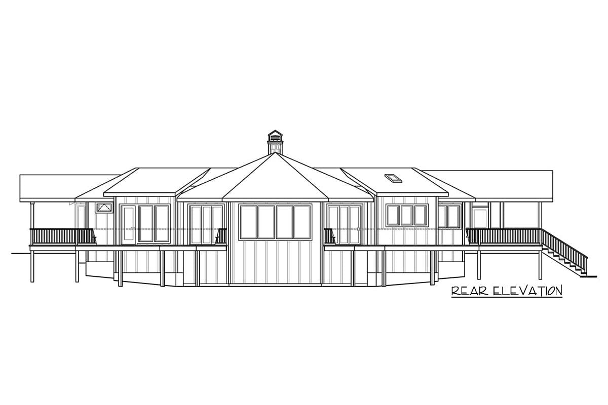 Rear elevation drawing of a house plan with multiple gables, porches, and large windows.