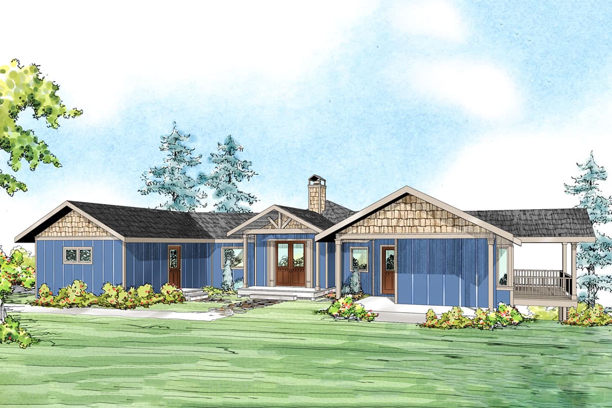 House plan exterior: one-story home with blue siding, gabled rooflines, front porch, and a side deck.