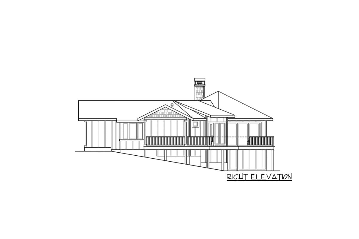 Right elevation drawing of a house plan featuring a sloped foundation, multi-level roof, chimney, and covered deck.