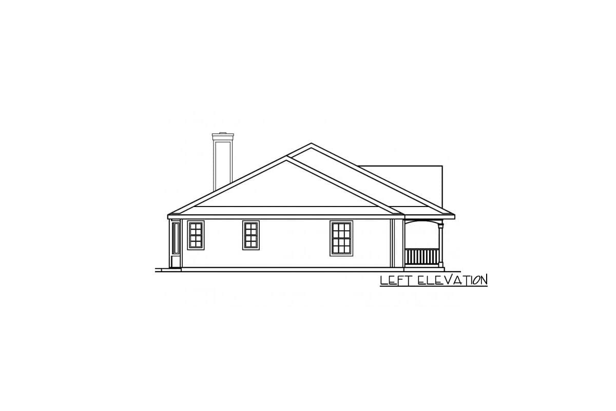 Left elevation of a house plan showing a gabled roof, chimney, windows, and a covered porch.