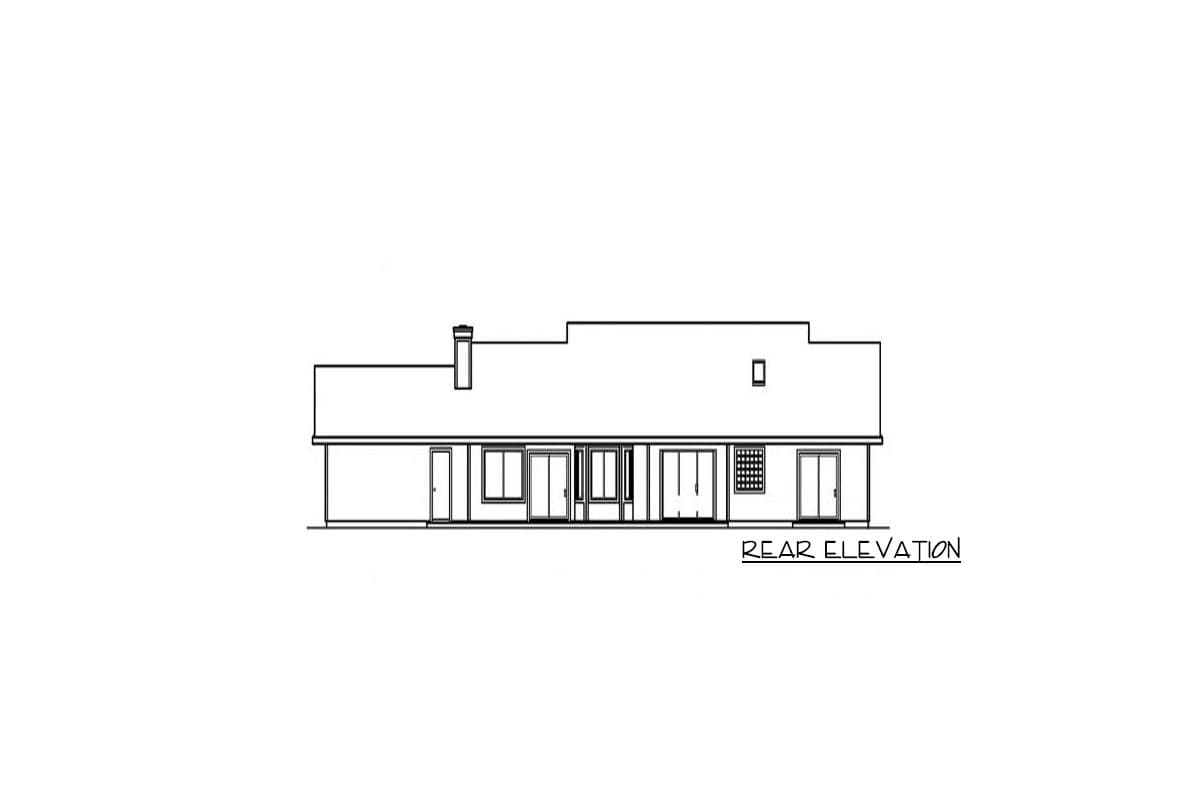 Rear elevation drawing of a single-story house plan featuring a stepped roofline, chimney, and multiple glass doors and windows.