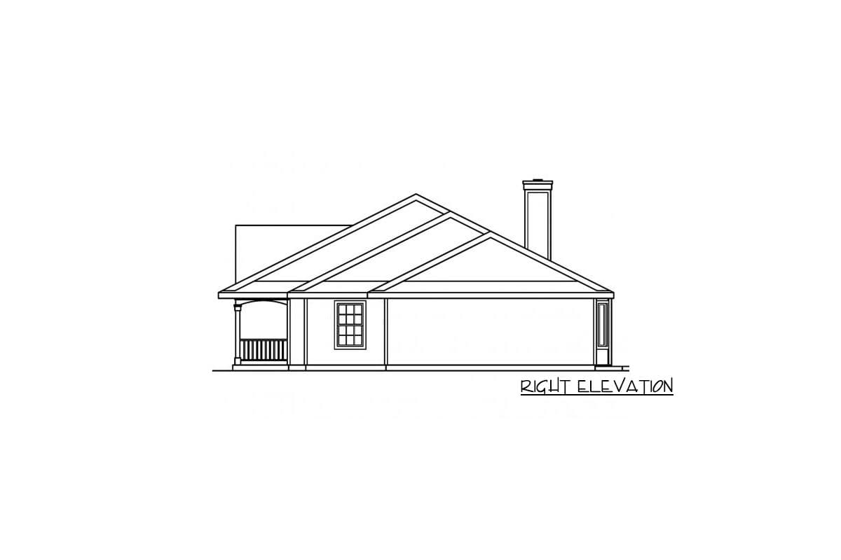 Right elevation drawing of a single-story house plan featuring a gabled roof, porch, and chimney.