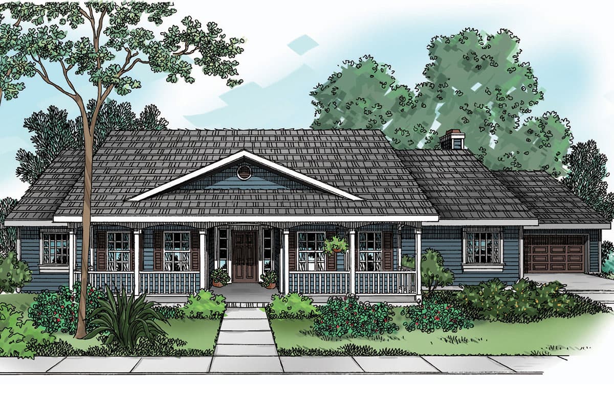 House plan exterior. Ranch style with a front porch, gables, and an attached garage. Features include a symmetrical facade and a covered entrance.