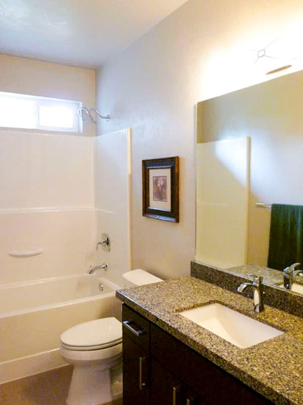Bathroom interior with bathtub, toilet, vanity with granite countertop, and a small window above the tub.