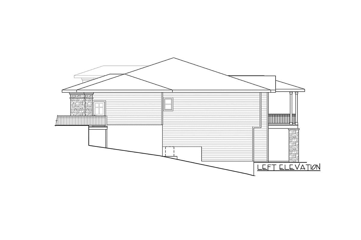 House plan left elevation showing a sloped lot, siding, stone accents, and a covered porch.