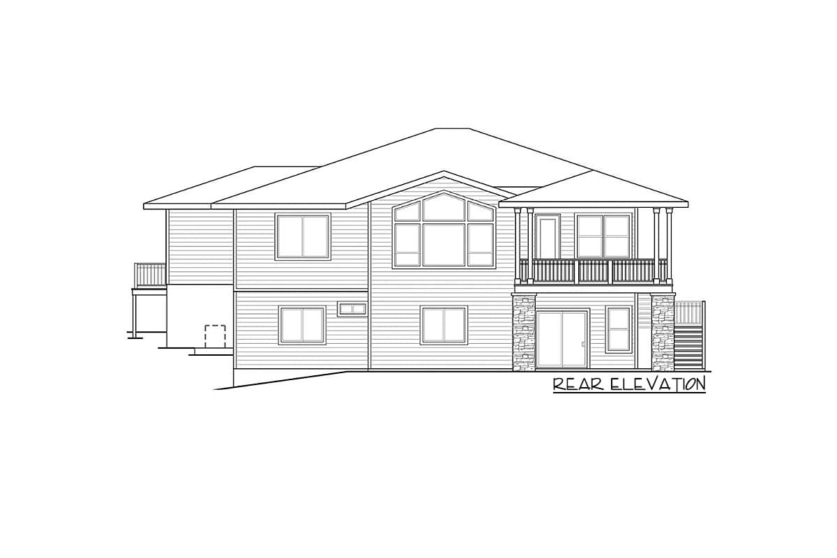 Rear elevation house plan with two stories, vinyl siding, multiple windows, covered balcony, and stone accents.