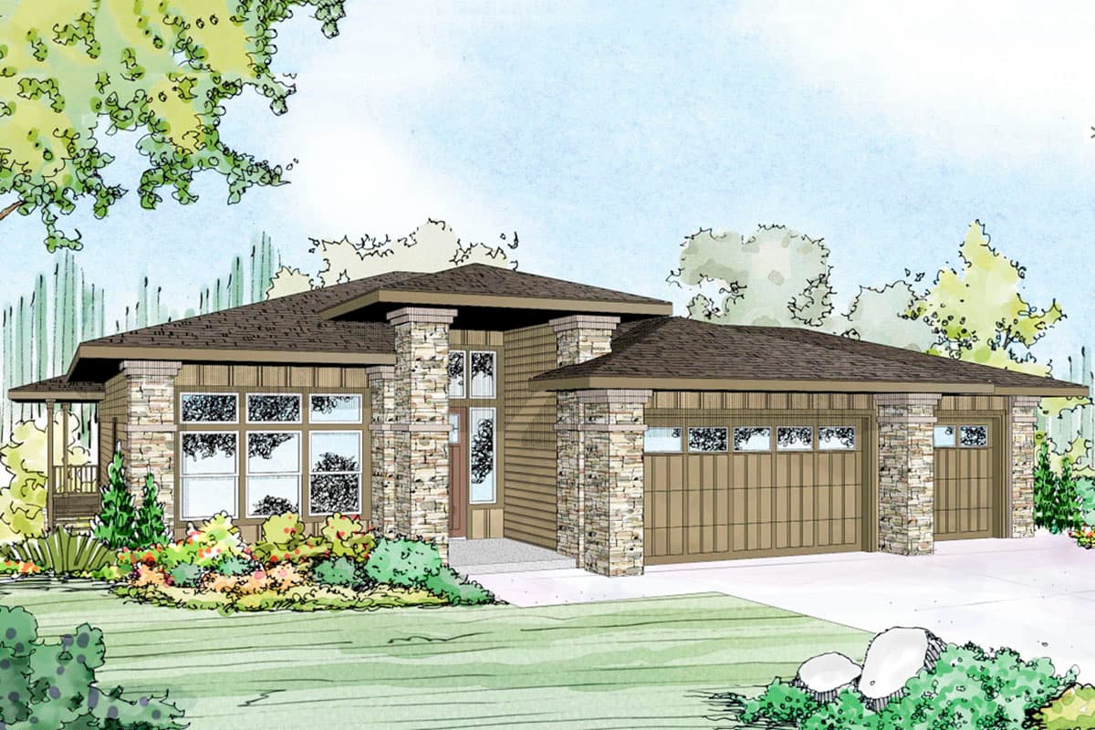 House plan exterior: Single-story Modern home with stone accents, a covered porch, and a three-car garage.