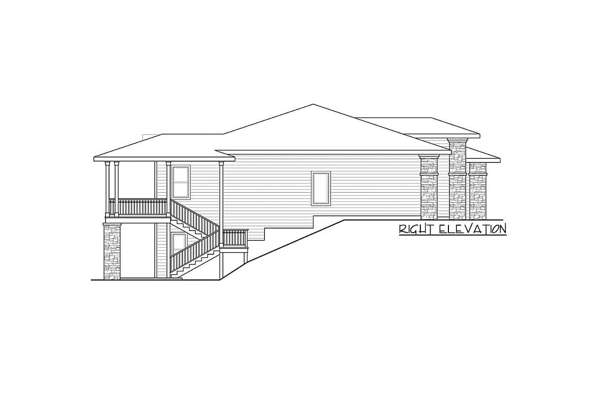 Right elevation drawing of a house plan with a covered porch, stairs, and stone-clad columns.