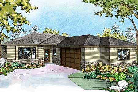 House plan exterior shows a one-story modern home with a side-entry garage, horizontal siding, and stone foundation.
