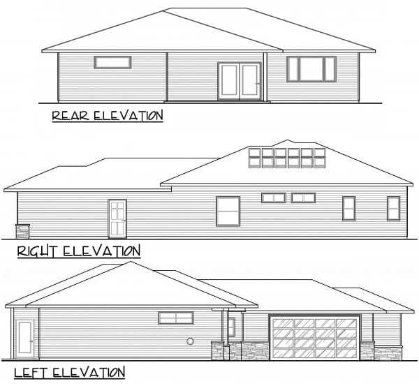 House plan rear, right, and left elevations showing a single-story home with a garage, multiple windows, and varied rooflines.