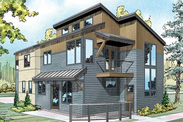 Modern house plan exterior featuring two stories, mixed siding, a cantilevered balcony, and multiple gables.