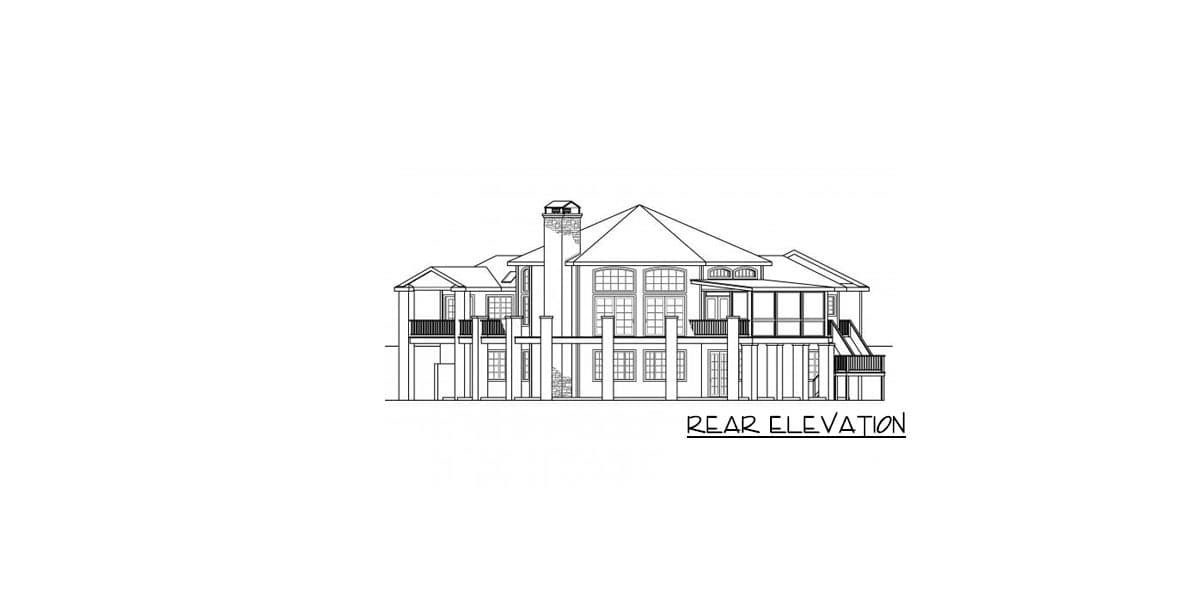 Rear elevation drawing of a multi-story house with a prominent chimney, covered porches, and multiple window configurations.