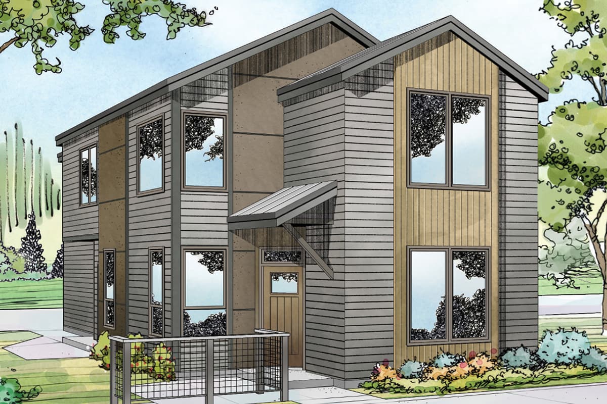Modern two-story house plan exterior with horizontal siding, vertical wood accents, large windows, and a covered entry.
