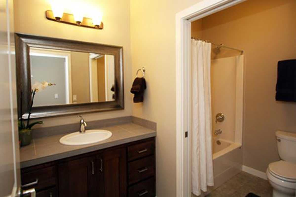 Bathroom with vanity, large framed mirror, and bathtub with shower curtain.
