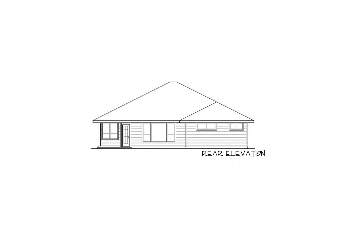 Rear elevation drawing of a one-story house plan with a prominent gable roof, multiple windows, and a central door.