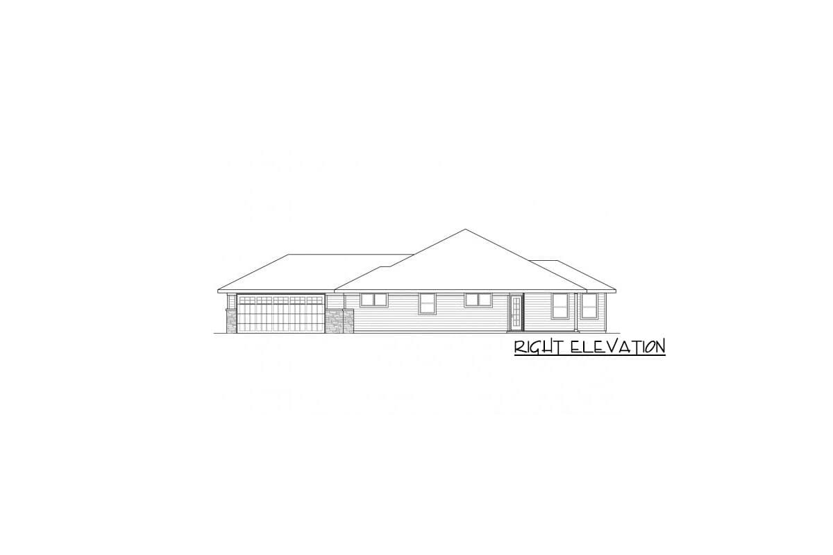 House plan right elevation drawing of a single-story home with attached garage, gable roof, and paneled entry door.